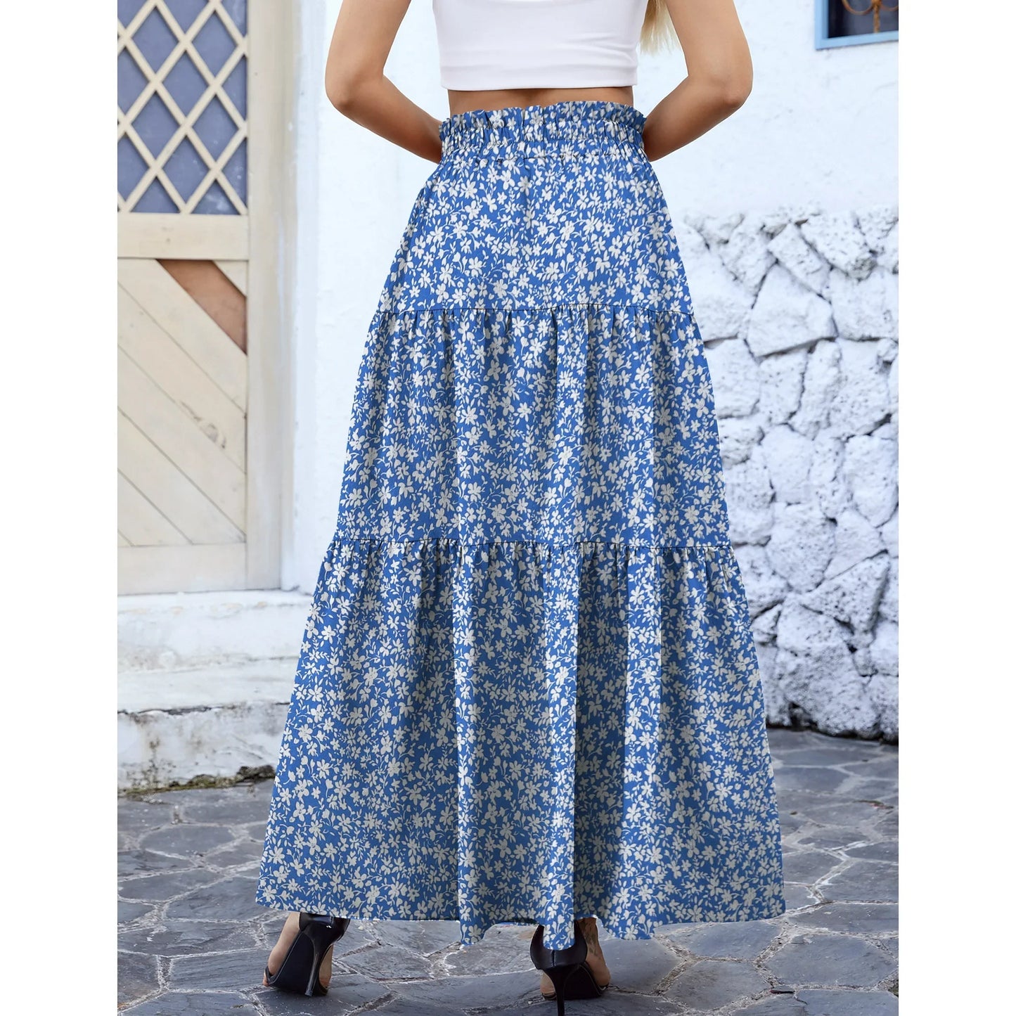 Women's Casual Elastic High Waist Swing Layered Maxi Skirt