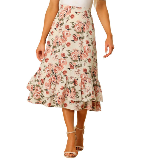 Women's Printed Waist Ruffled Layered Maxi Skirt